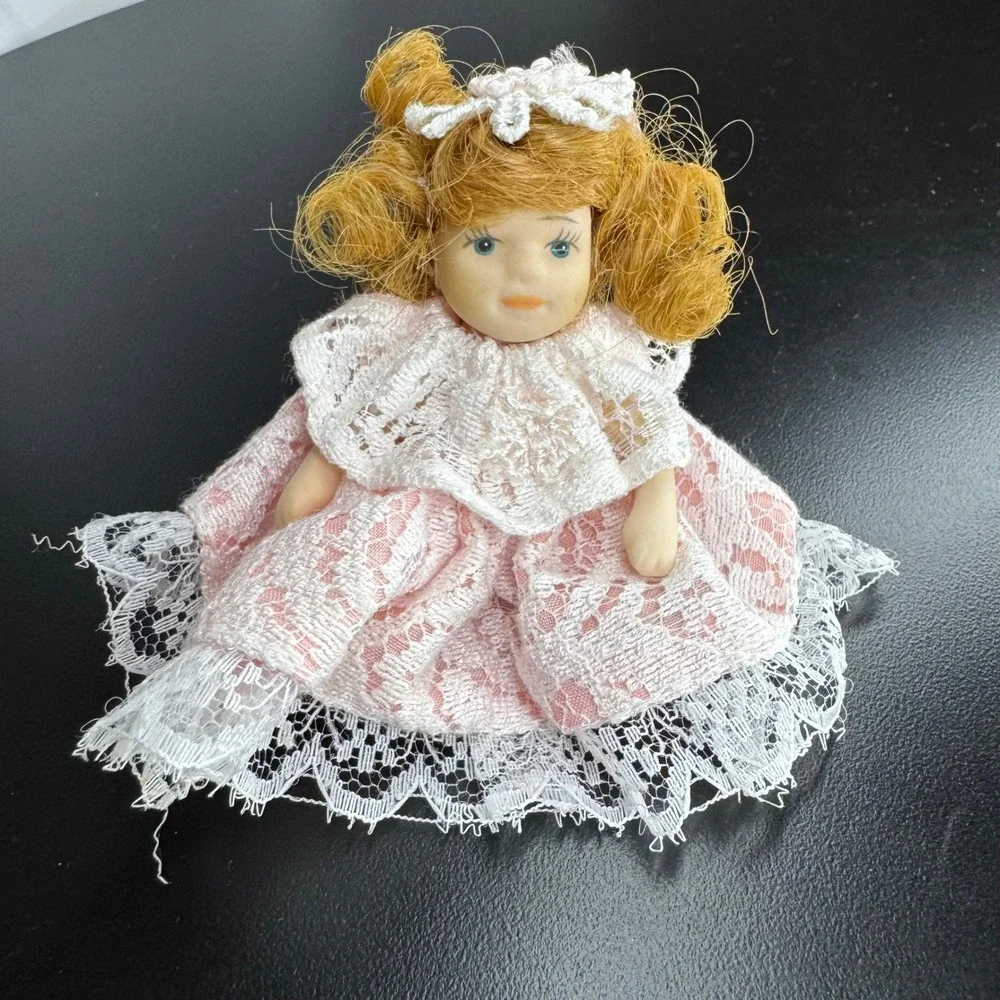 Vintage Miniature Doll Porcelain Face Pink Lace‎ Dress Collectible Display Decor